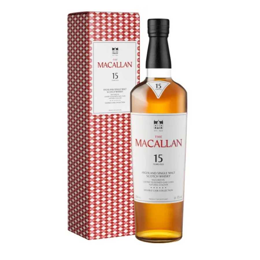 Bottle of The Macallan 15 Years Double Cask whisky featuring a dark amber liquid in a 700mL bottle with a wooden cap.