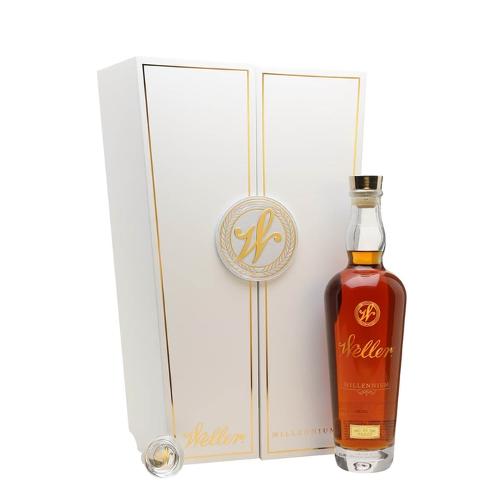 Weller Millennium Limited Edition Wheated Bourbon Whiskey 750mL bottle with gold accents, dark label, and clear glass showcasing the whiskey