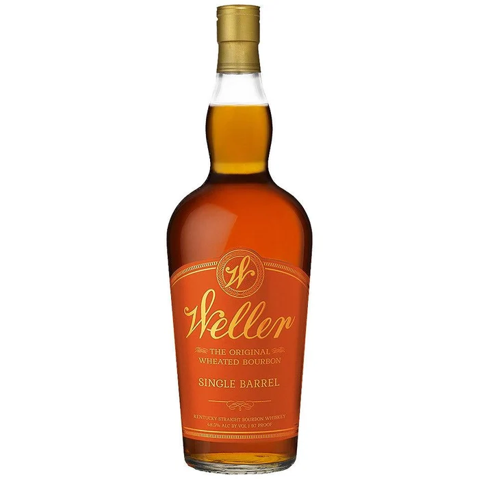 Weller Single Barrel Bourbon whiskey 750mL bottle with label and dark amber liquid in glass.