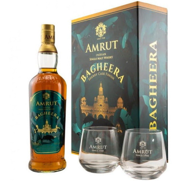 Amrut Bagheera Gift Set With Two Glasses Indian Whisky 700mL - Uptown Liquor